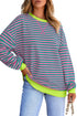 Striped Body Contrast Sleeve Crossed Stitch Drop Shoulder Casual Crew Neck Sweatshirt