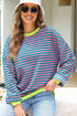 Striped Body Contrast Sleeve Crossed Stitch Drop Shoulder Casual Crew Neck Sweatshirt