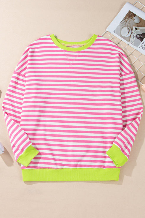 Striped Body Contrast Sleeve Crossed Stitch Drop Shoulder Casual Crew Neck Sweatshirt