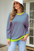 Striped Body Contrast Sleeve Crossed Stitch Drop Shoulder Casual Crew Neck Sweatshirt