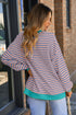 Striped Body Contrast Sleeve Crossed Stitch Drop Shoulder Casual Crew Neck Sweatshirt