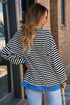 Striped Body Contrast Sleeve Crossed Stitch Drop Shoulder Casual Crew Neck Sweatshirt