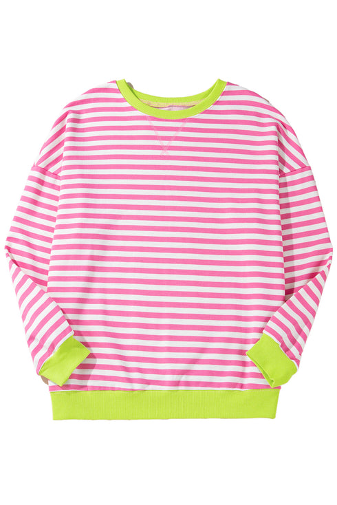Striped Body Contrast Sleeve Crossed Stitch Drop Shoulder Casual Crew Neck Sweatshirt