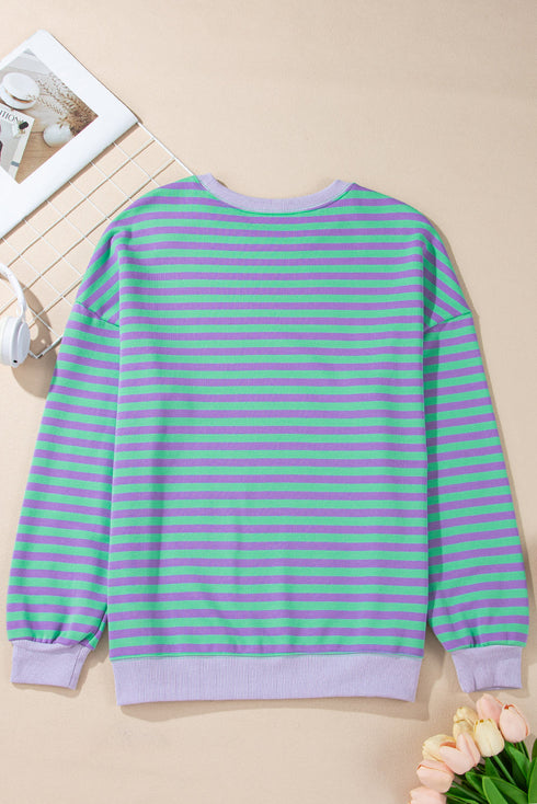 Striped Body Contrast Sleeve Crossed Stitch Drop Shoulder Casual Crew Neck Sweatshirt