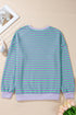 Striped Body Contrast Sleeve Crossed Stitch Drop Shoulder Casual Crew Neck Sweatshirt