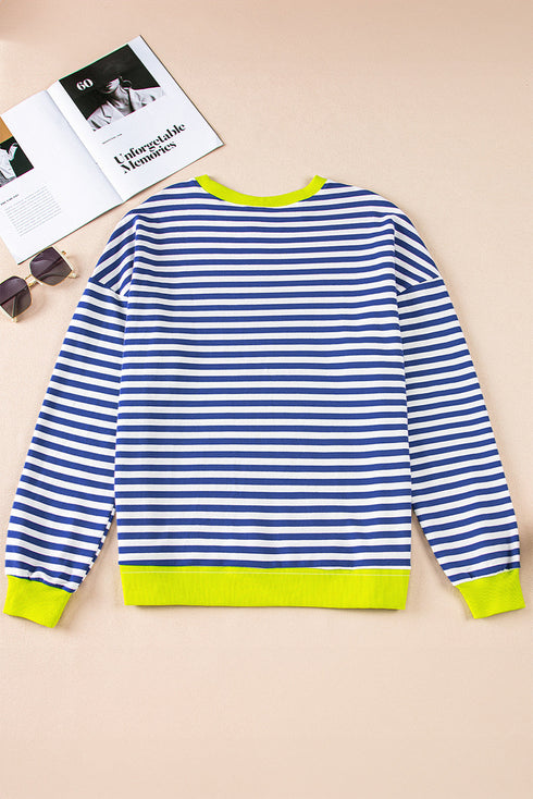 Striped Body Contrast Sleeve Crossed Stitch Drop Shoulder Casual Crew Neck Sweatshirt