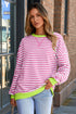 Striped Body Contrast Sleeve Crossed Stitch Drop Shoulder Casual Crew Neck Sweatshirt