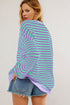 Striped Body Contrast Sleeve Crossed Stitch Drop Shoulder Casual Crew Neck Sweatshirt