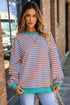 Striped Body Contrast Sleeve Crossed Stitch Drop Shoulder Casual Crew Neck Sweatshirt