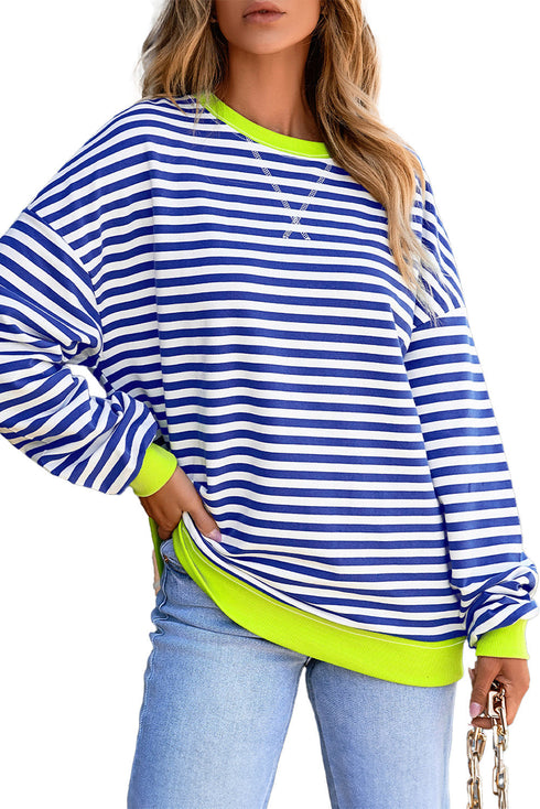 Striped Body Contrast Sleeve Crossed Stitch Drop Shoulder Casual Crew Neck Sweatshirt