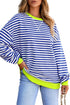 Striped Body Contrast Sleeve Crossed Stitch Drop Shoulder Casual Crew Neck Sweatshirt
