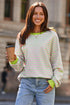 Striped Body Contrast Sleeve Crossed Stitch Drop Shoulder Casual Crew Neck Sweatshirt