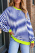 Striped Body Contrast Sleeve Crossed Stitch Drop Shoulder Casual Crew Neck Sweatshirt