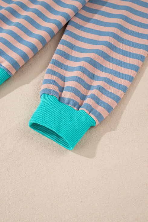 Striped Body Contrast Sleeve Crossed Stitch Drop Shoulder Casual Crew Neck Sweatshirt