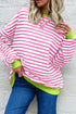 Striped Body Contrast Sleeve Crossed Stitch Drop Shoulder Casual Crew Neck Sweatshirt