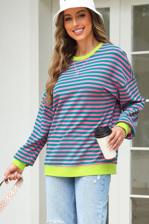 Striped Body Contrast Sleeve Crossed Stitch Drop Shoulder Casual Crew Neck Sweatshirt