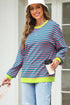 Striped Body Contrast Sleeve Crossed Stitch Drop Shoulder Casual Crew Neck Sweatshirt
