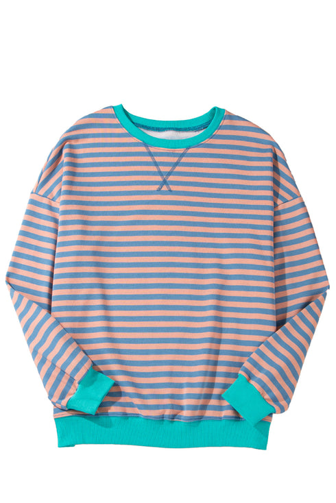 Striped Body Contrast Sleeve Crossed Stitch Drop Shoulder Casual Crew Neck Sweatshirt