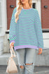 Striped Body Contrast Sleeve Crossed Stitch Drop Shoulder Casual Crew Neck Sweatshirt