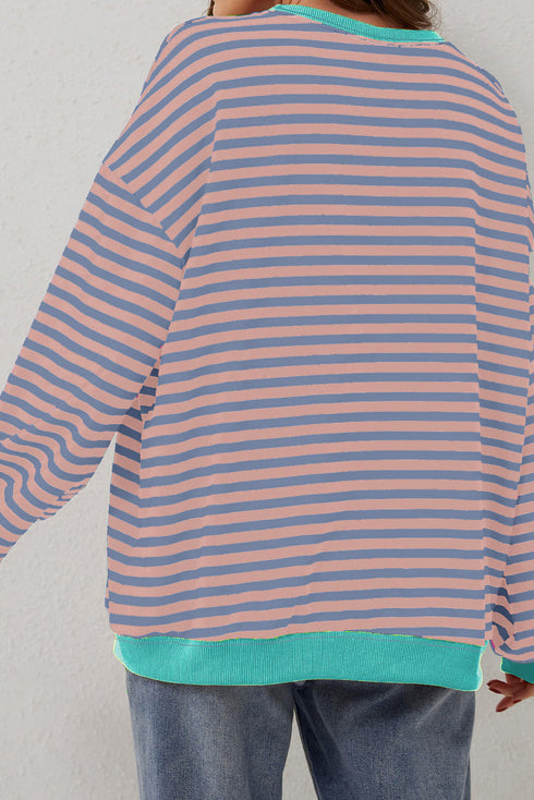 Striped Body Contrast Sleeve Crossed Stitch Drop Shoulder Casual Crew Neck Sweatshirt