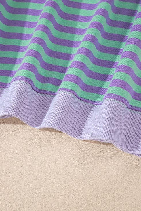 Striped Body Contrast Sleeve Crossed Stitch Drop Shoulder Casual Crew Neck Sweatshirt