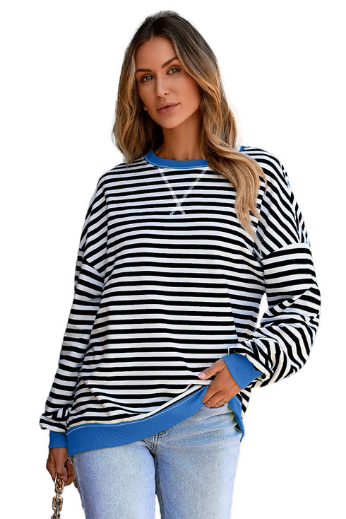 Striped Body Contrast Sleeve Crossed Stitch Drop Shoulder Casual Crew Neck Sweatshirt