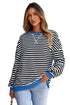 Striped Body Contrast Sleeve Crossed Stitch Drop Shoulder Casual Crew Neck Sweatshirt