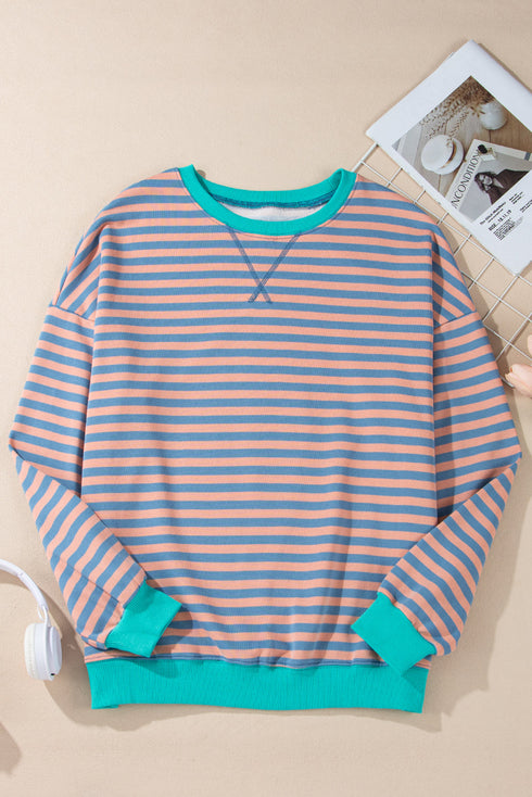 Striped Body Contrast Sleeve Crossed Stitch Drop Shoulder Casual Crew Neck Sweatshirt