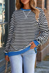 Striped Body Contrast Sleeve Crossed Stitch Drop Shoulder Casual Crew Neck Sweatshirt