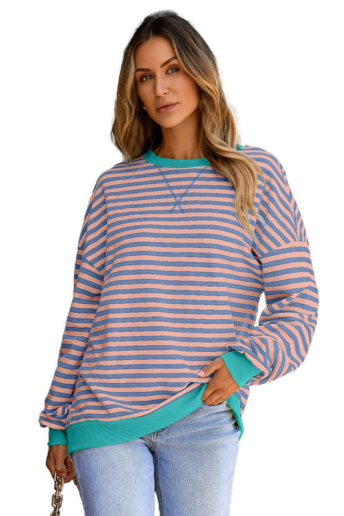 Striped Body Contrast Sleeve Crossed Stitch Drop Shoulder Casual Crew Neck Sweatshirt
