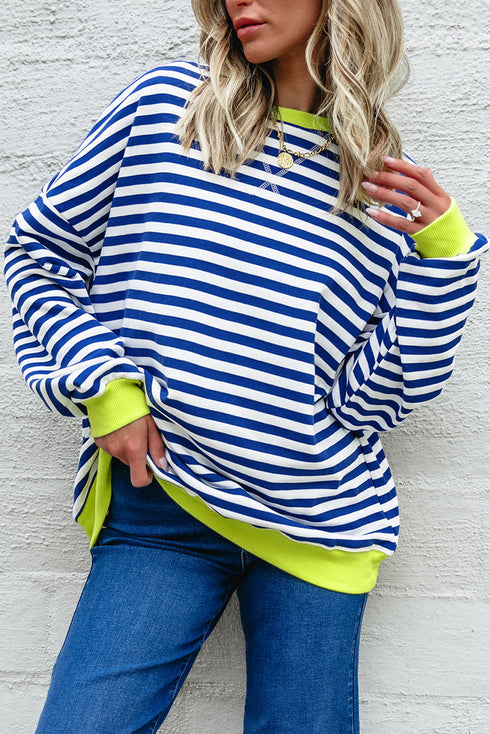Striped Body Contrast Sleeve Crossed Stitch Drop Shoulder Casual Crew Neck Sweatshirt