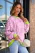 Striped Body Contrast Sleeve Crossed Stitch Drop Shoulder Casual Crew Neck Sweatshirt