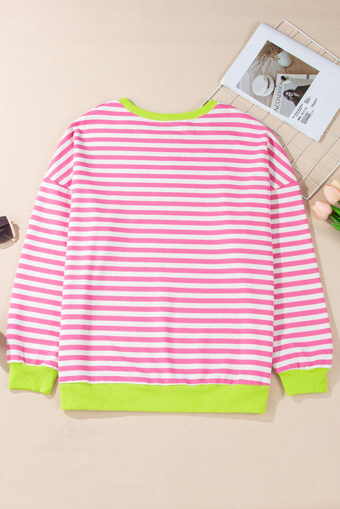 Striped Body Contrast Sleeve Crossed Stitch Drop Shoulder Casual Crew Neck Sweatshirt