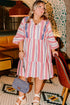 Striped Bohemian Embroidered Flared Sleeve Plus Size Mini Dress