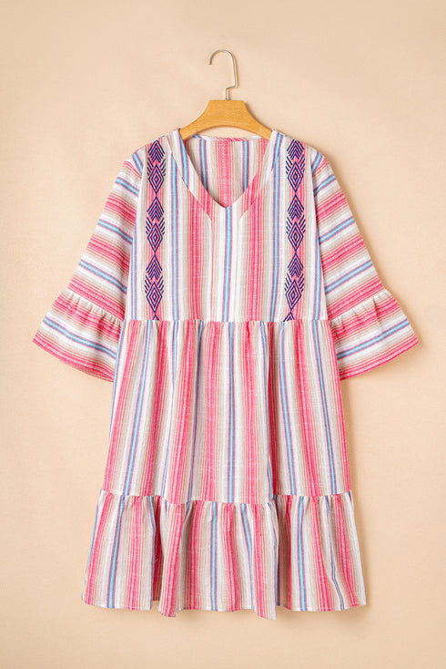 Striped Bohemian Embroidered Flared Sleeve Plus Size Mini Dress