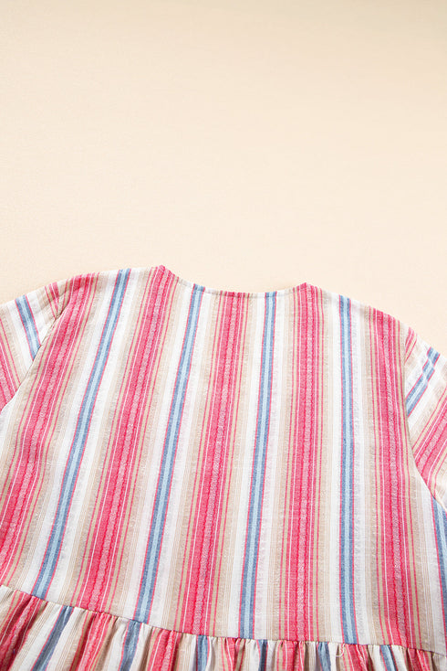Striped Bohemian Embroidered Flared Sleeve Plus Size Mini Dress
