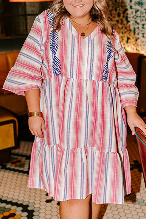 Striped Bohemian Embroidered Flared Sleeve Plus Size Mini Dress