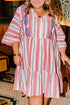 Striped Bohemian Embroidered Flared Sleeve Plus Size Mini Dress