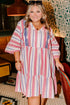 Striped Bohemian Embroidered Flared Sleeve Plus Size Mini Dress