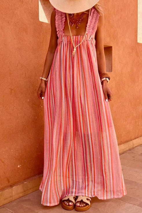 Striped Bohemian Ruffled Strap Ribbon Knot Flowy Maxi Dress