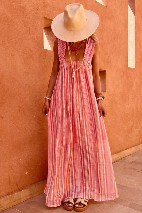 Striped Bohemian Ruffled Strap Ribbon Knot Flowy Maxi Dress