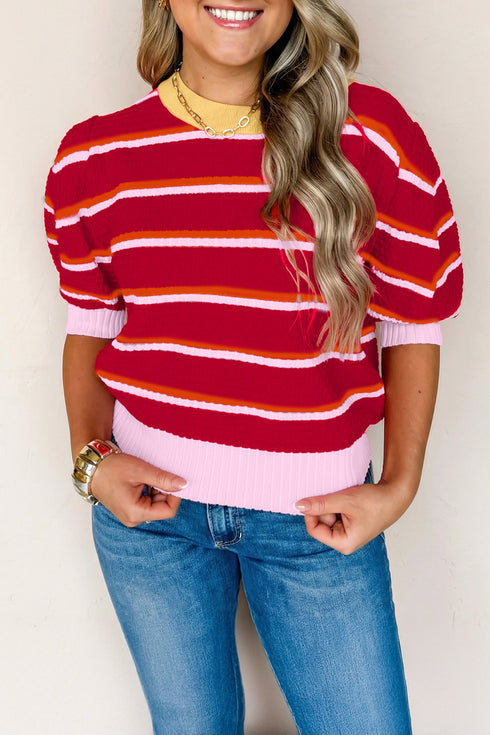 Striped Border Trim Knit Short Sleeve Sweaters