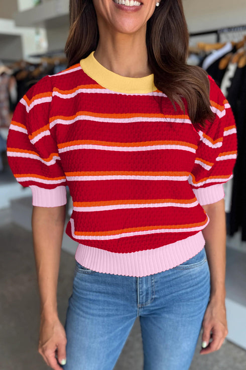 Striped Border Trim Knit Short Sleeve Sweaters