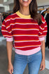 Striped Border Trim Knit Short Sleeve Sweaters
