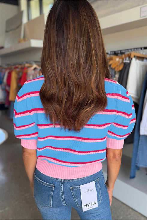 Striped Border Trim Knit Short Sleeve Sweaters