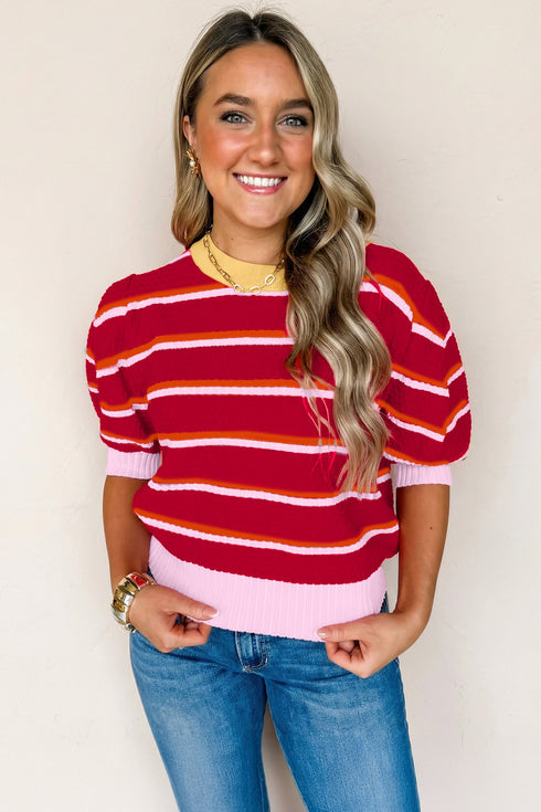 Striped Border Trim Knit Short Sleeve Sweaters