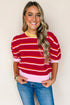 Striped Border Trim Knit Short Sleeve Sweaters