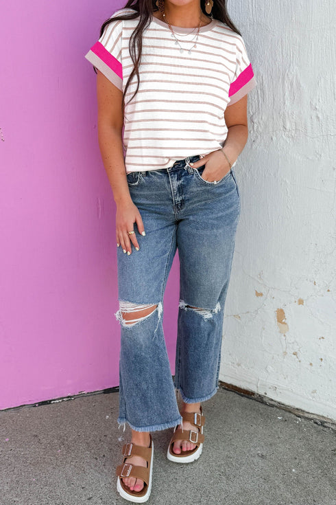 Striped Border Trim Round Neck Short Sleeve Top
