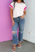 Striped Border Trim Round Neck Short Sleeve Top