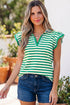 Striped Border Trim Ruffled Short Sleeve Polo Blouse